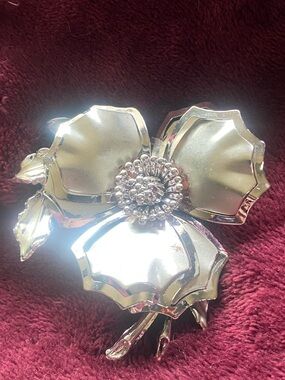 Silver Chrome Floral Brooch Pin Double Layered Petals- Women's Accessory